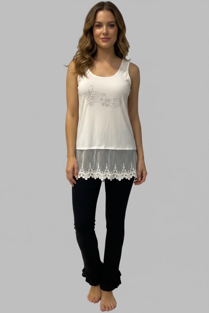 Origami Crystal Embellished Ivory Lace Tank Small
